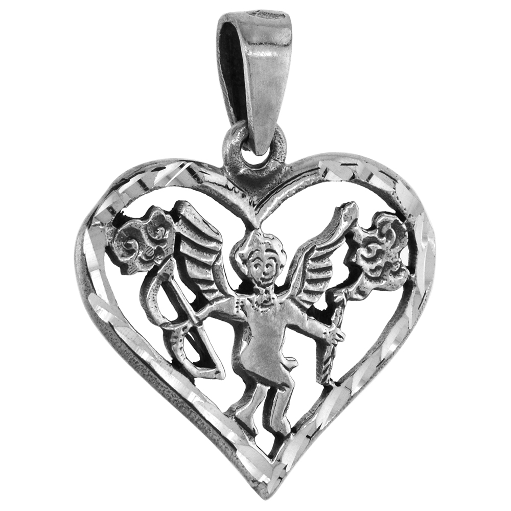 7/8 inch Sterling Silver Cut-out Heart with Angel Necklace for Women Diamond-Cut Oxidized finish available with or without chain