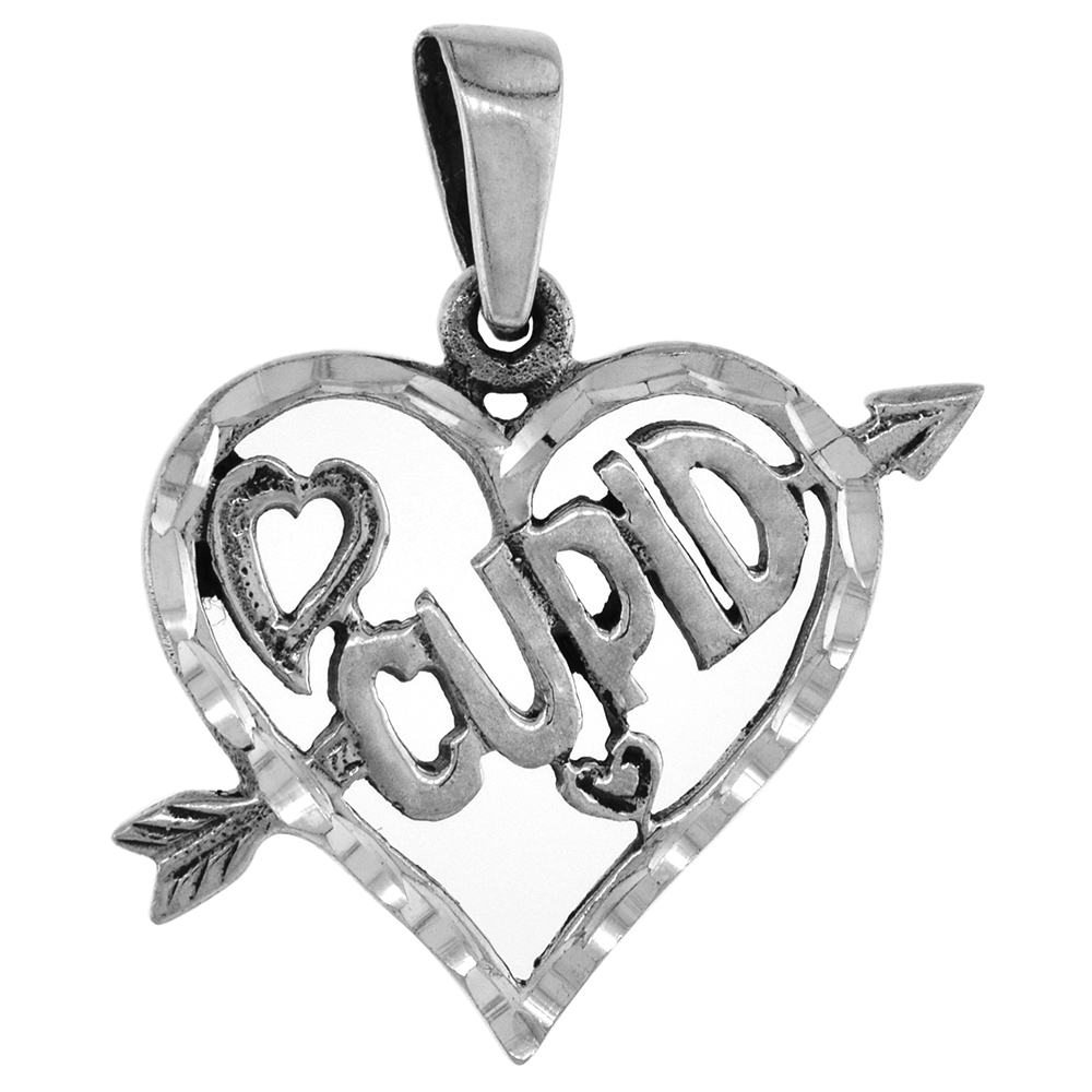 1 INCH STERLING SILVER ARROW THRU HEART CUPID PENDANT FOR WOMEN DIAMOND-CUT OXIDIZED FINISH NO CHAIN (NO CHAIN)