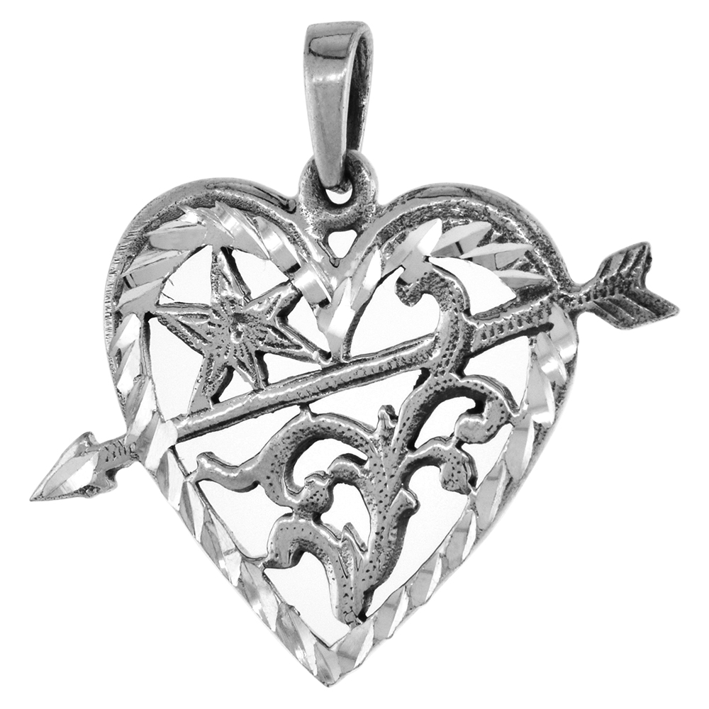 1 INCH STERLING SILVER HEART WITH STAR AND ARROW PENDANT FOR WOMEN DIAMOND-CUT OXIDIZED FINISH NO CHAIN (NO CHAIN)