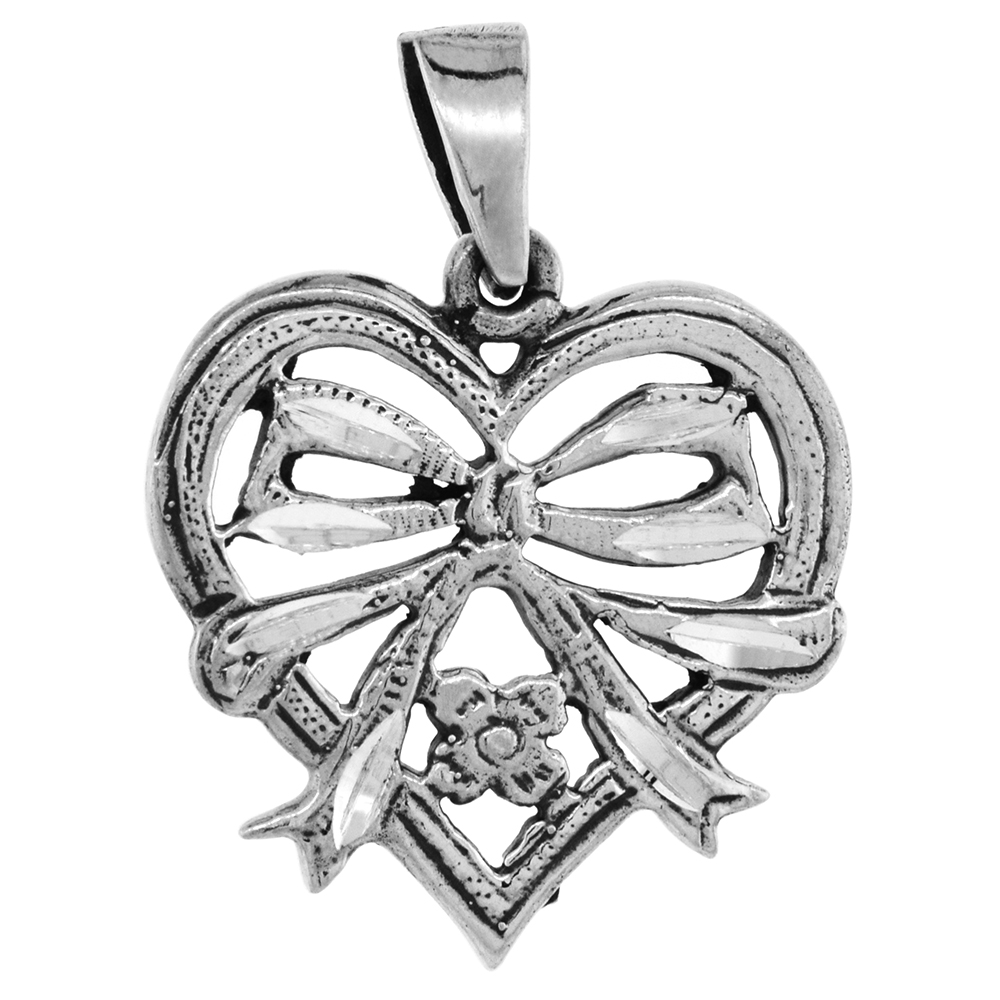 1 INCH STERLING SILVER HEART WITH BOW RIBBON PENDANT FOR WOMEN DIAMOND-CUT OXIDIZED FINISH NO CHAIN (NO CHAIN)