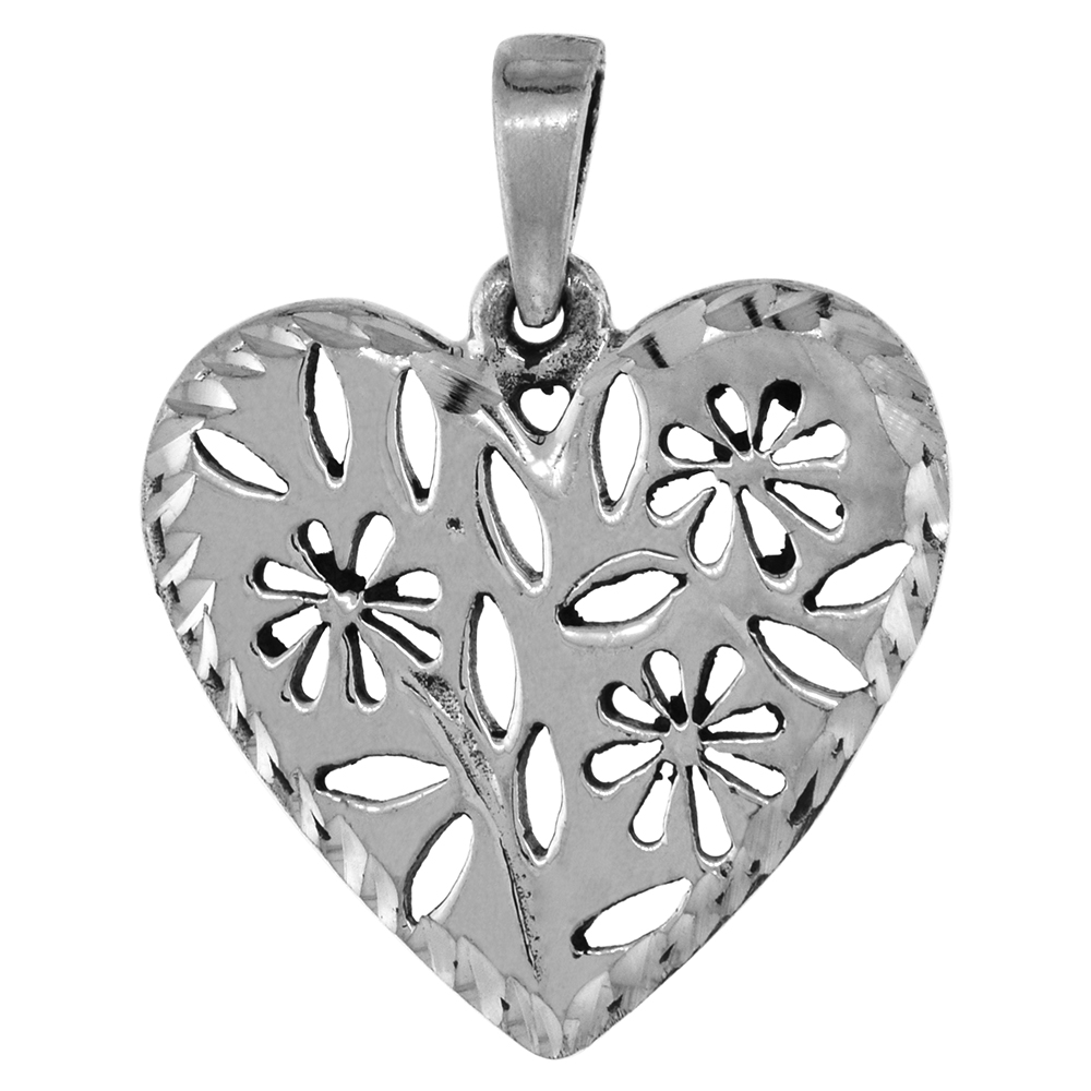 7/8 INCH STERLING SILVER HEART WITH CUT-OUTS PENDANT FOR WOMEN DIAMOND-CUT OXIDIZED FINISH NO CHAIN (NO CHAIN)