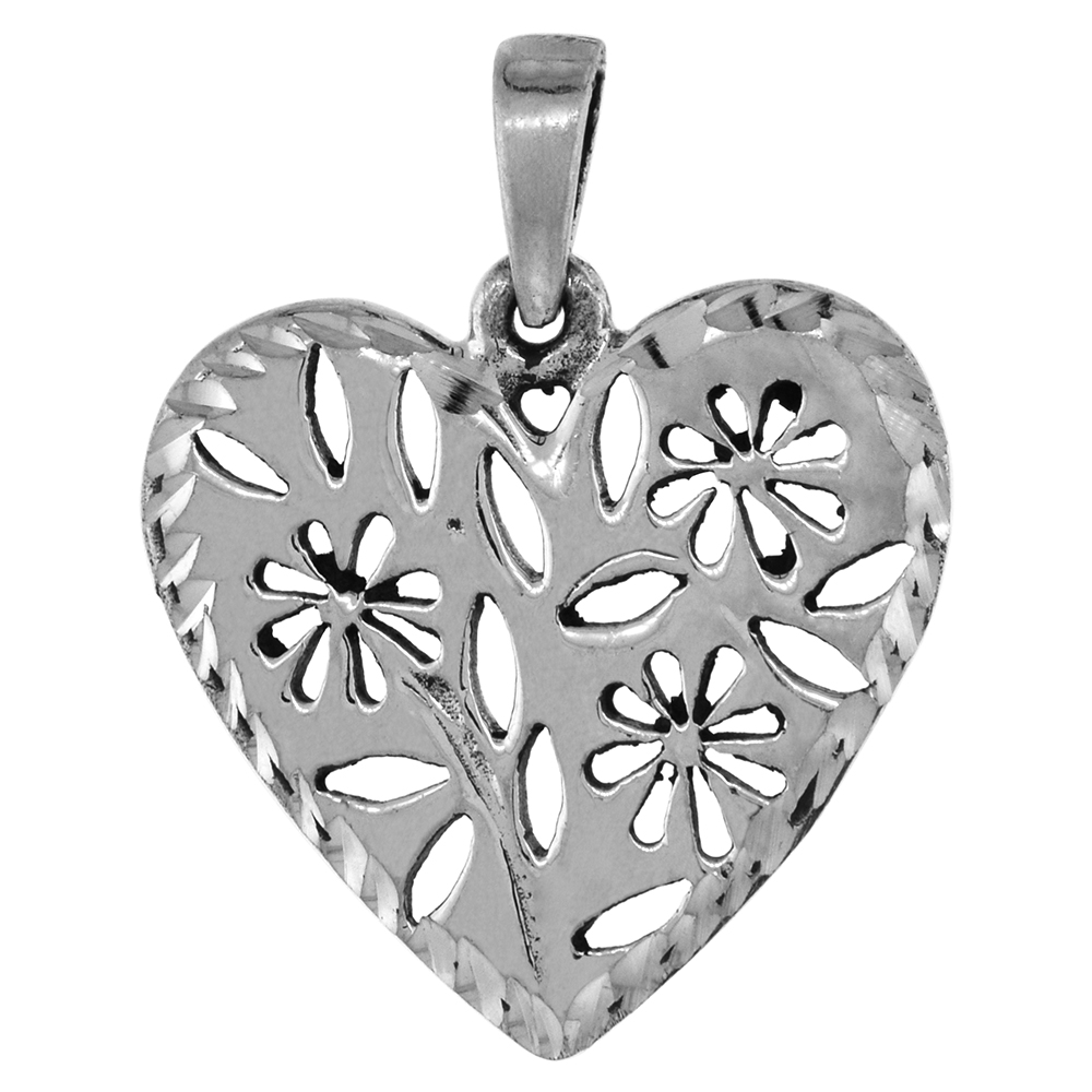 7/8 inch Sterling Silver Heart with Cut-outs Pendant for Women Diamond-Cut Oxidized finish NO Chain