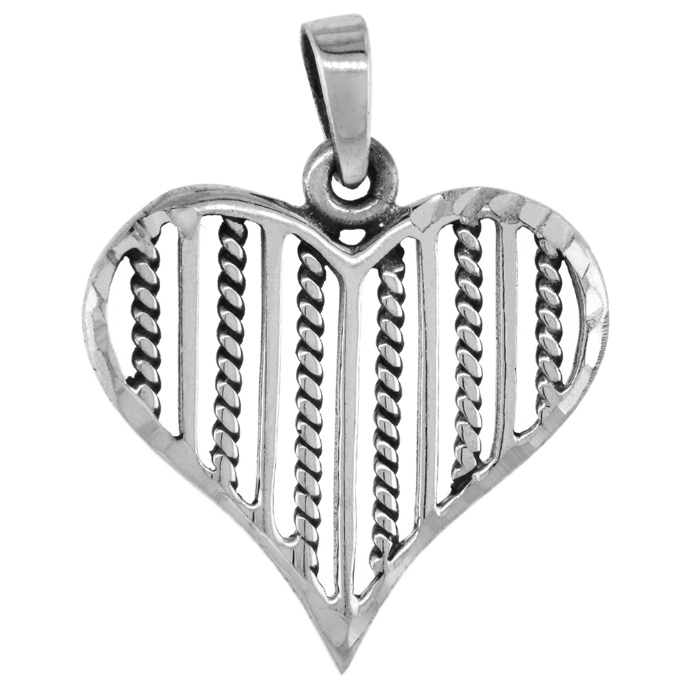 1 INCH STERLING SILVER STRINGED HEART PENDANT FOR WOMEN DIAMOND-CUT OXIDIZED FINISH NO CHAIN (NO CHAIN)