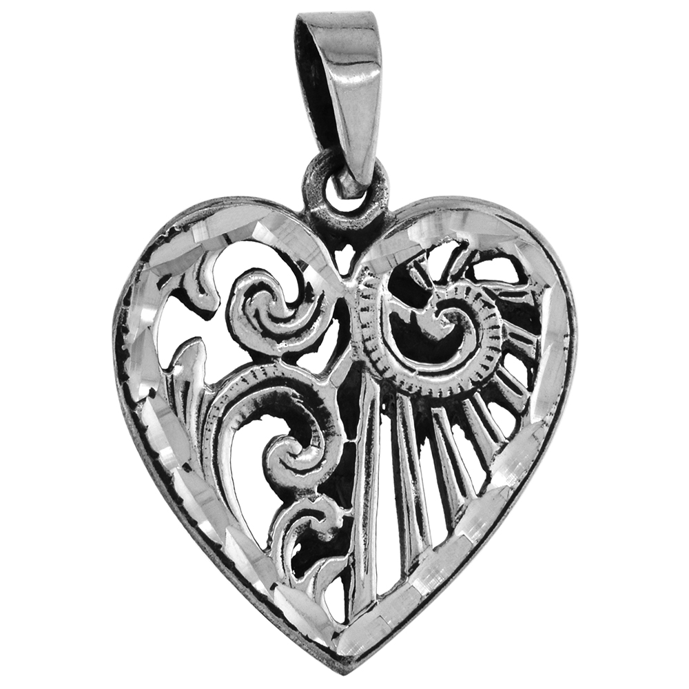 1 inch Sterling Silver Heart Pendant for Women Diamond-Cut Oxidized finish NO Chain