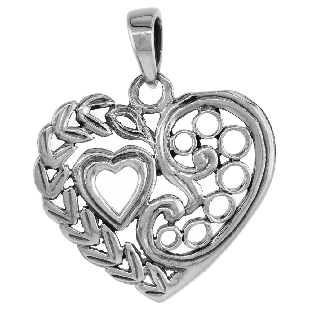 7/8 inch Sterling Silver Heart-in-a-Heart Necklace for Women Diamond-Cut Oxidized finish available with or without chain