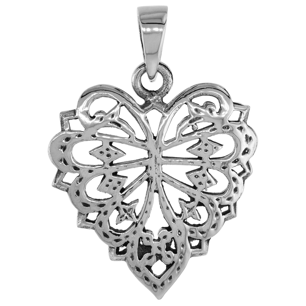 1 inch Sterling Silver Filigree Heart Necklace for Women Diamond-Cut Oxidized finish available with or without chain