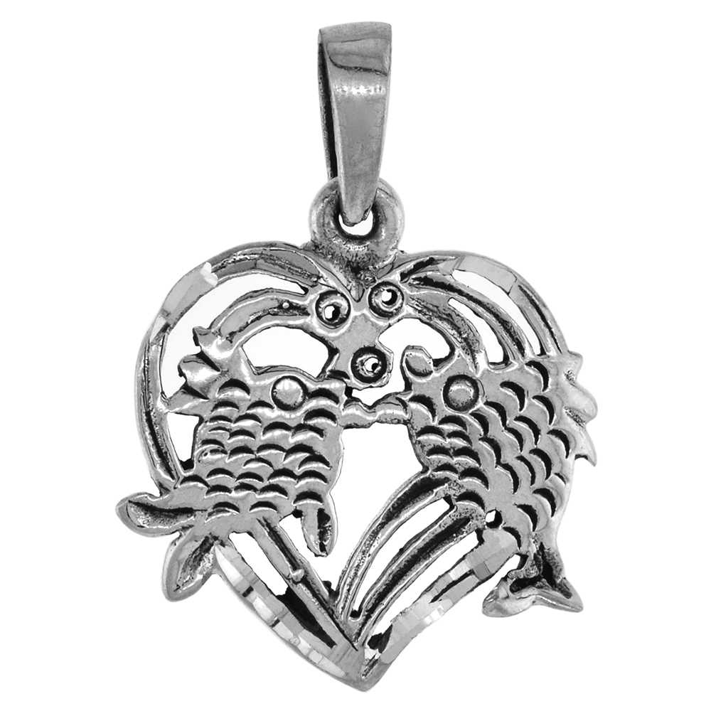 SMALL 3/4 INCH STERLING SILVER HEART PENDANT WITH KISSING FISH FOR WOMEN DIAMOND-CUT OXIDIZED FINISH NO CHAIN (NO CHAIN)