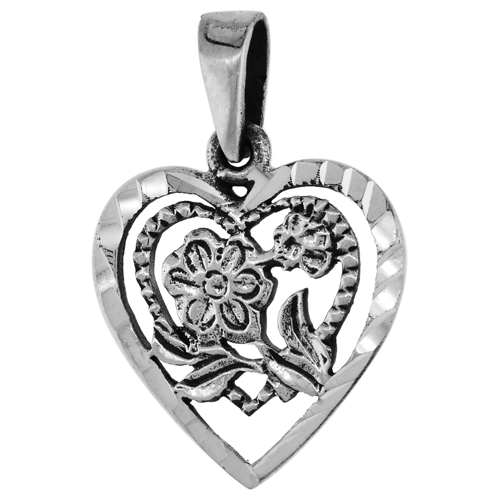 7/8 INCH STERLING SILVER HEART PENDANT FOR WOMEN WITH FLOWER FOR WOMEN DIAMOND-CUT OXIDIZED FINISH NO CHAIN (NO CHAIN)