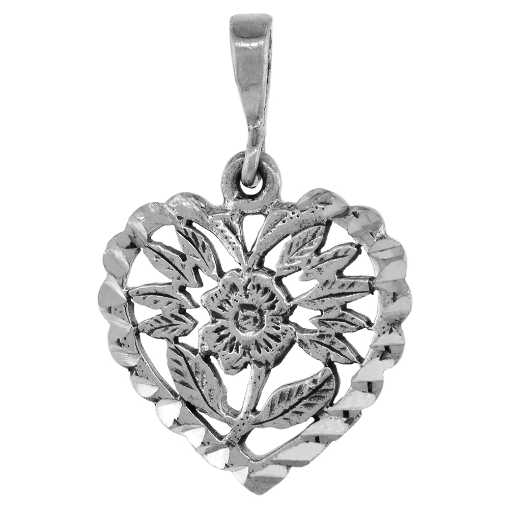 7/8 INCH STERLING SILVER FLOWER IN HEART PENDANT FOR WOMEN FOR WOMEN DIAMOND-CUT OXIDIZED FINISH NO CHAIN (NO CHAIN)