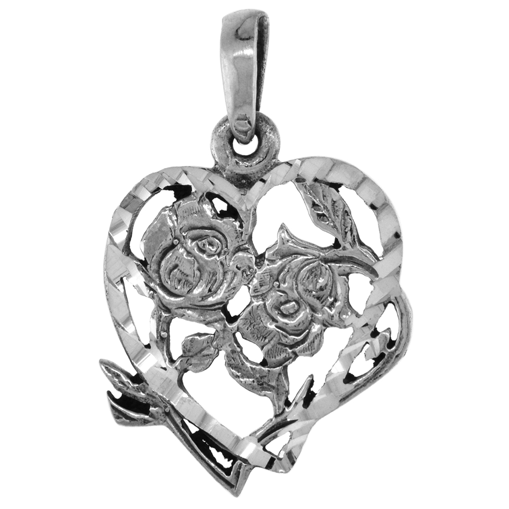 7/8 INCH STERLING SILVER FLOWERS IN HEART PENDANT FOR WOMEN FOR WOMEN DIAMOND-CUT OXIDIZED FINISH NO CHAIN (NO CHAIN)
