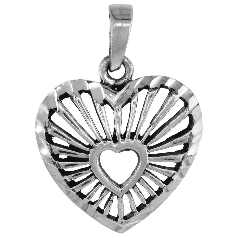 7/8 inch Sterling Silver Cut-out Heart Pendant for Women Diamond-Cut Oxidized finish NO Chain