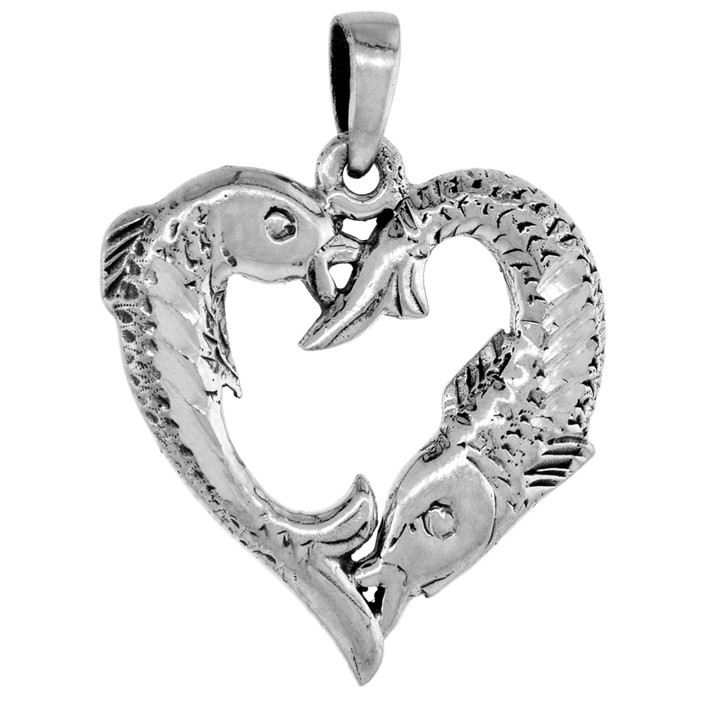 1 INCH STERLING SILVER HEART-SHAPED FISH PISCES SIGN PENDANT FOR WOMEN DIAMOND-CUT OXIDIZED FINISH NO CHAIN (NO CHAIN)