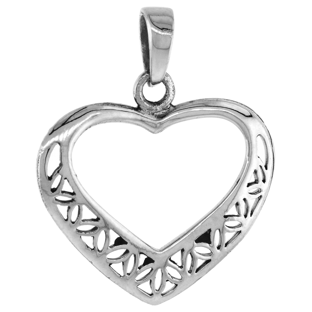 7/8 INCH STERLING SILVER CUT-OUT FILIGREE HEART PENDANT FOR WOMEN DIAMOND-CUT OXIDIZED FINISH NO CHAIN (NO CHAIN)