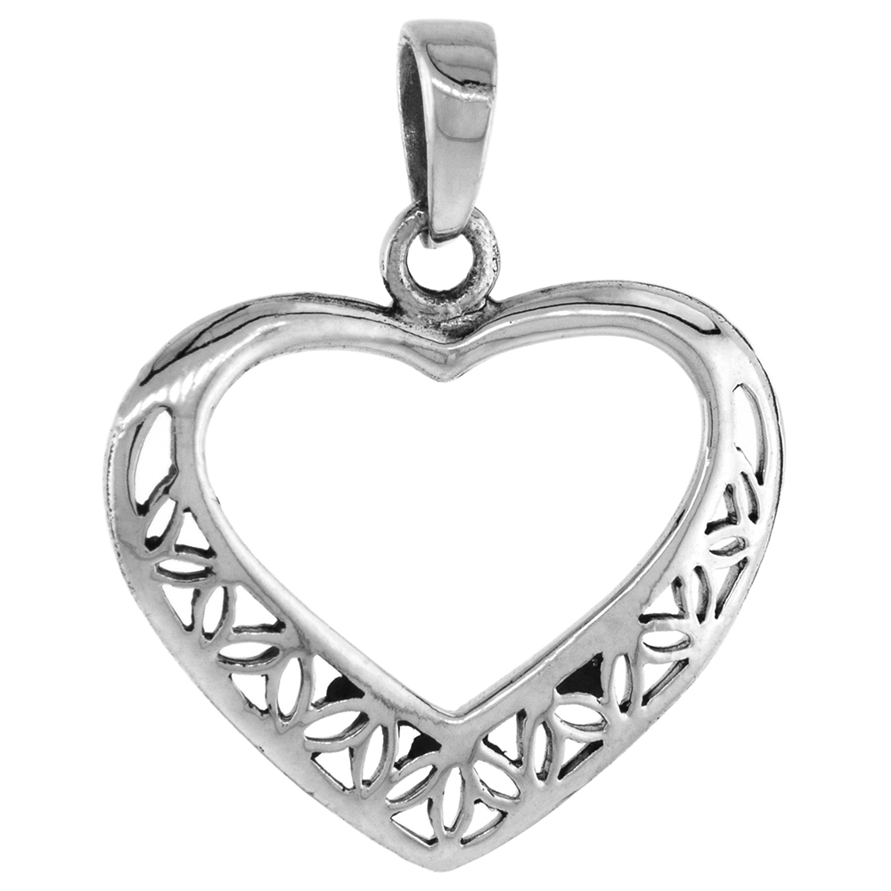 7/8 inch Sterling Silver Cut-out Filigree Heart Necklace for Women Diamond-Cut Oxidized finish available with or without chain