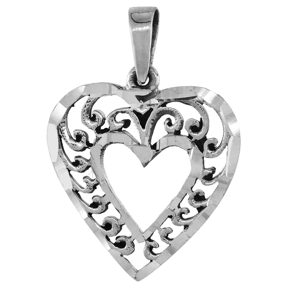 1 INCH STERLING SILVER FILIGREE OPEN HEART PENDANT FOR WOMEN DIAMOND-CUT OXIDIZED FINISH NO CHAIN (NO CHAIN)