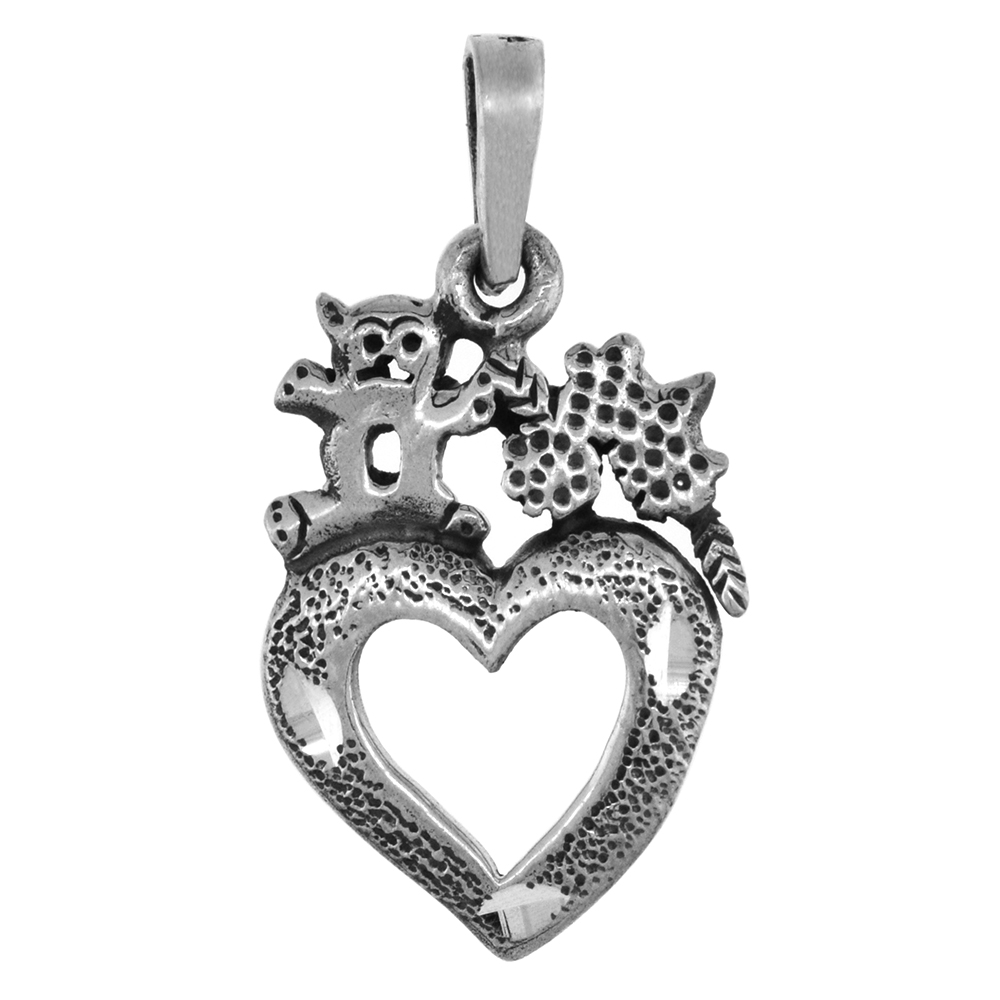 1 INCH STERLING SILVER TEDDY BEAR ON OPEN HEART PENDANT FOR WOMEN DIAMOND-CUT OXIDIZED FINISH NO CHAIN (NO CHAIN)