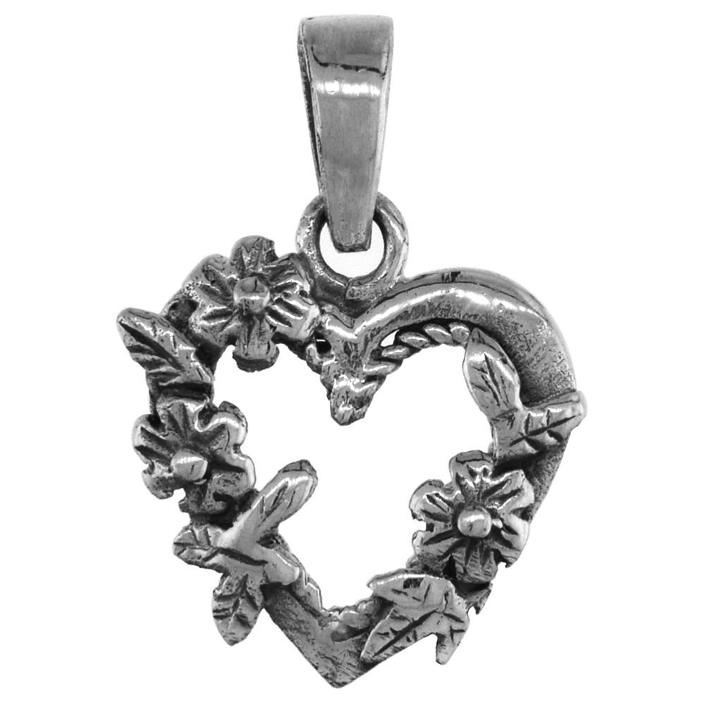 TINY 5/8 INCH STERLING SILVER FLORAL HEART PENDANT FOR WOMEN DIAMOND-CUT OXIDIZED FINISH NO CHAIN (NO CHAIN)