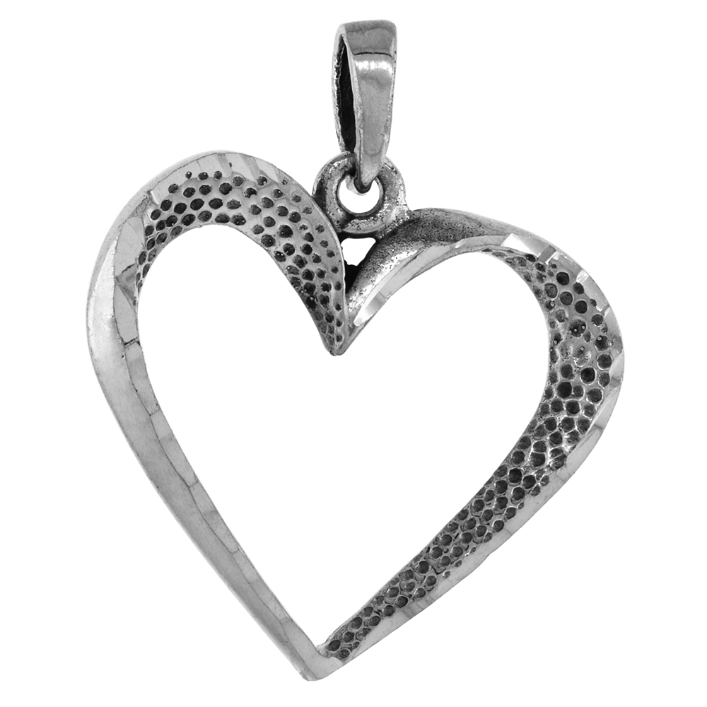 1 INCH STERLING SILVER CUT-OUT HEART PENDANT FOR WOMEN DIAMOND-CUT OXIDIZED FINISH NO CHAIN (NO CHAIN)
