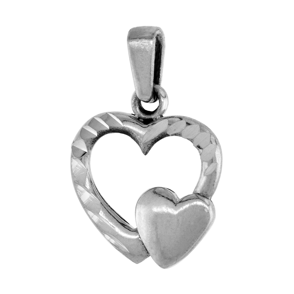 Small 3/4 inch Sterling Silver Double Heart Pendant for Women Diamond-Cut Oxidized finish NO Chain