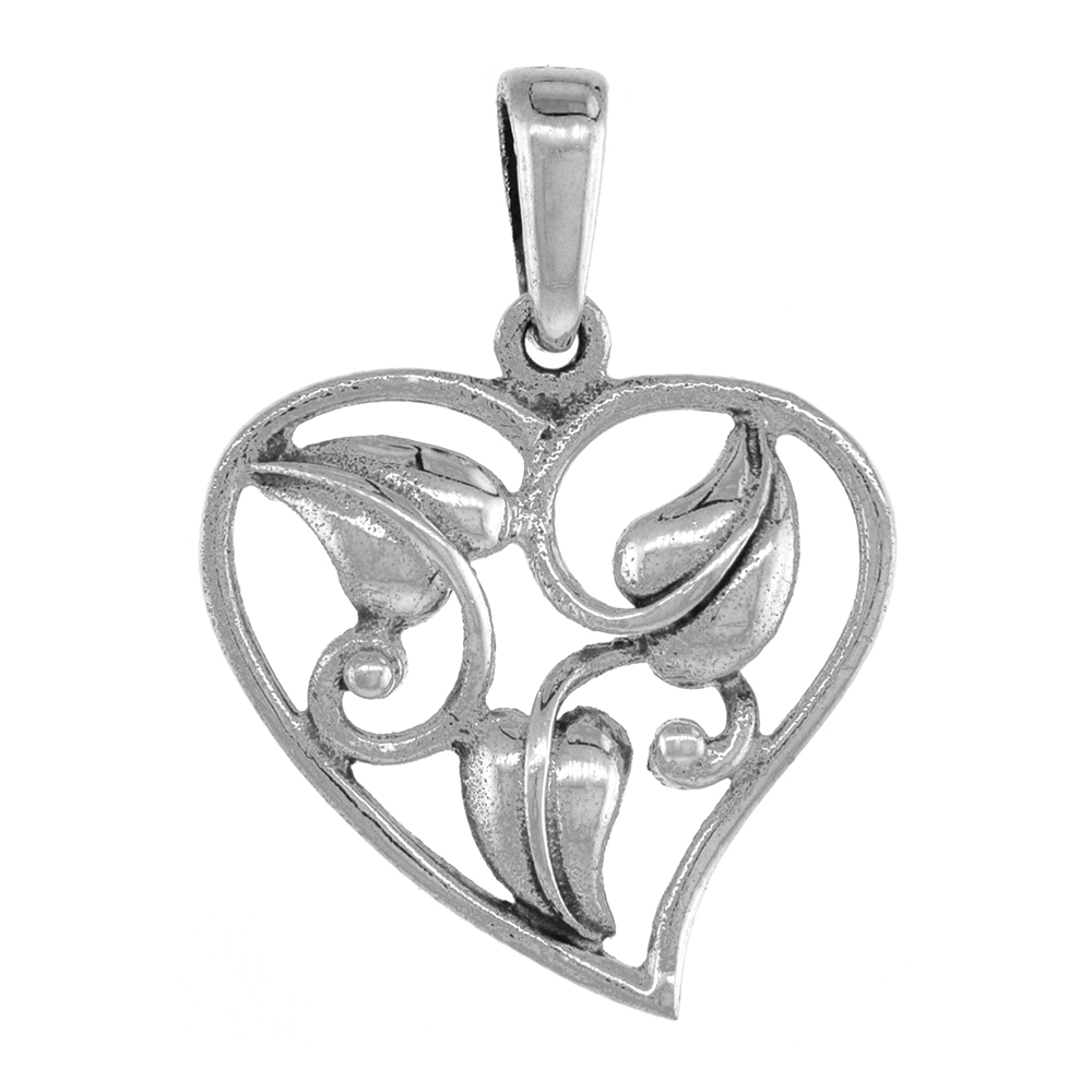 SMALL 3/4 INCH STERLING SILVER CUT-OUT HEART PENDANT WITH LEAVES FOR WOMEN DIAMOND-CUT OXIDIZED FINISH NO CHAIN (NO CHAIN)