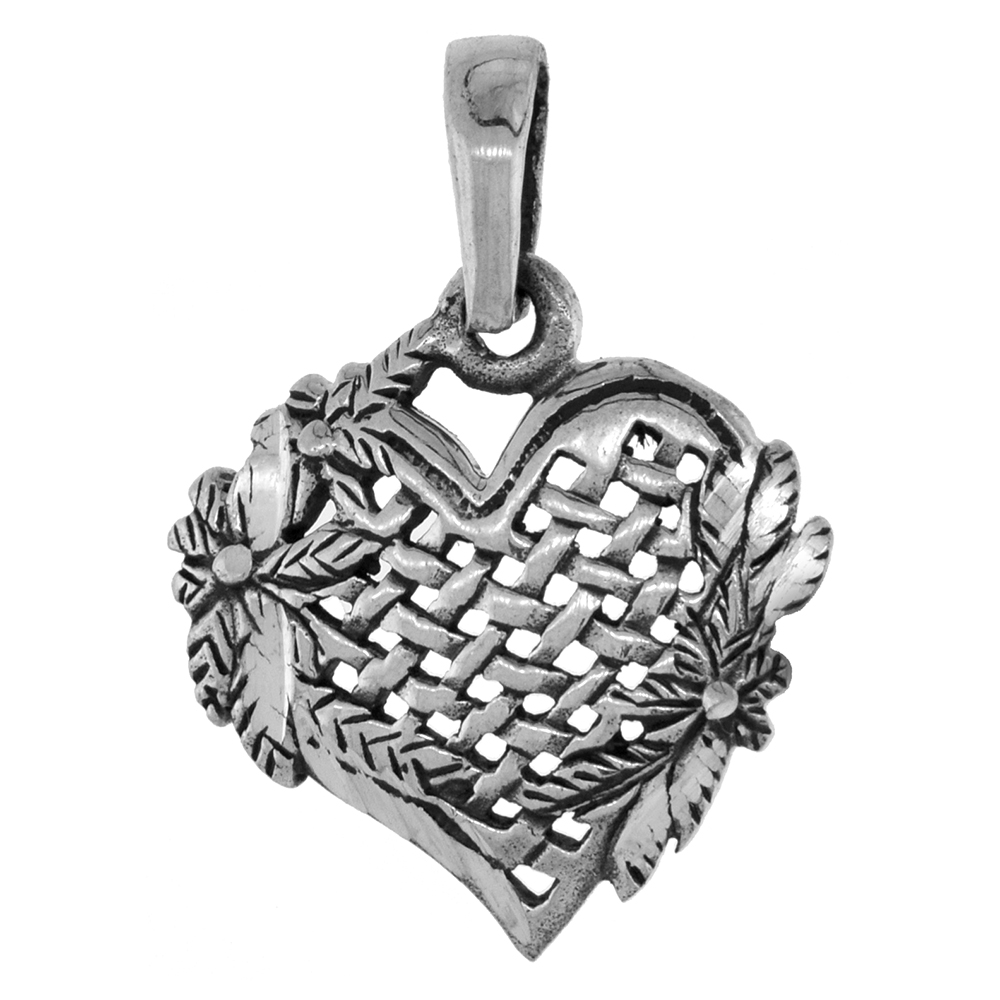 Small 3/4 inch Sterling Silver Heart Necklace Basketweave Pattern for Women Diamond-Cut Oxidized finish available with or without chain