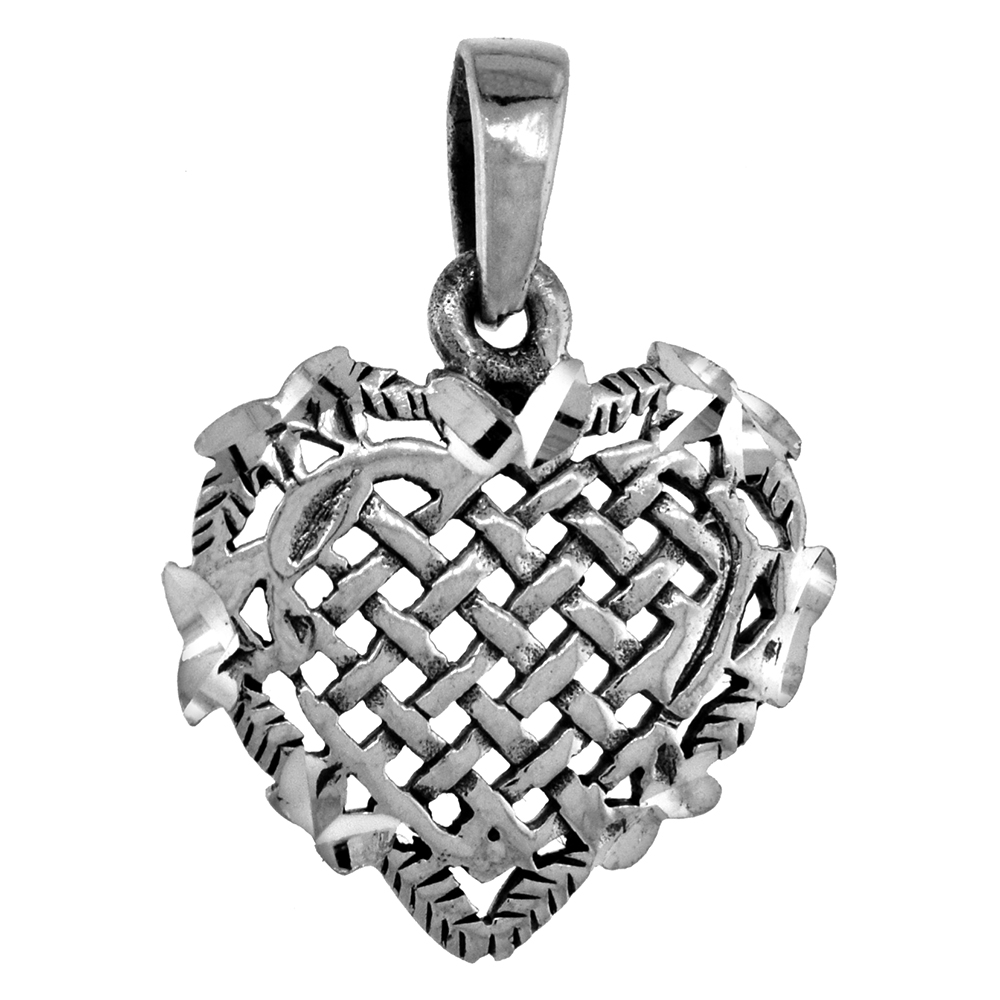 SMALL 3/4 INCH STERLING SILVER BASKETWEAVE HEART PENDANT FOR WOMEN DIAMOND-CUT OXIDIZED FINISH NO CHAIN (NO CHAIN)