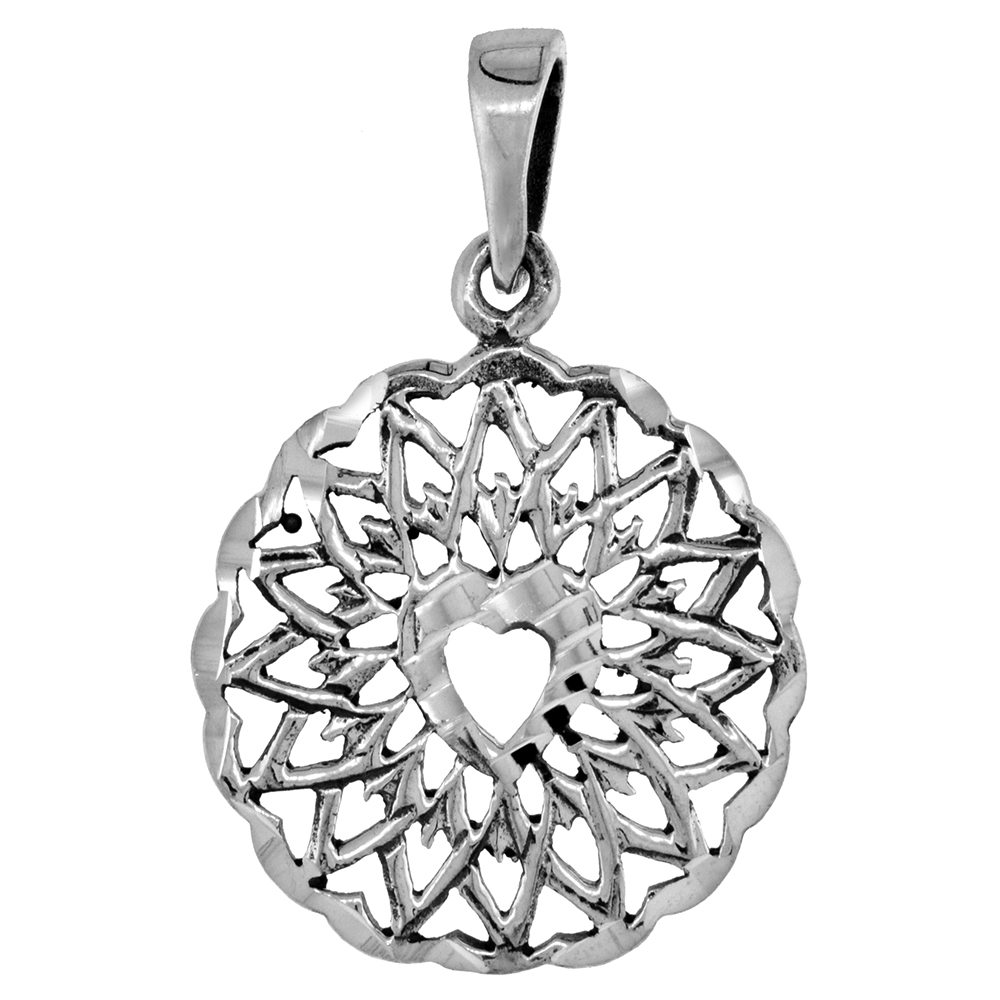 1 1/16 inch Sterling Silver Medallion Heart Necklace for Women Diamond-Cut Oxidized finish available with or without chain