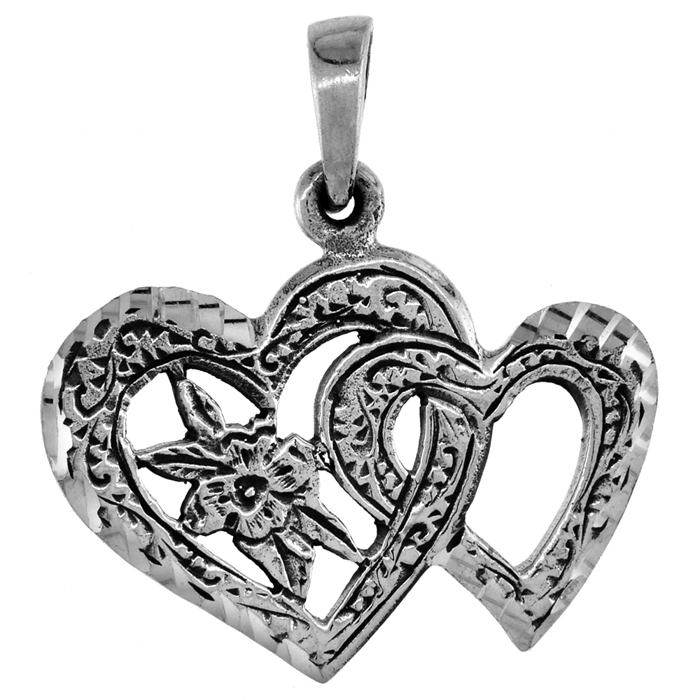 7/8 INCH STERLING SILVER LINKED HEARTS PENDANT FOR WOMEN DIAMOND-CUT OXIDIZED FINISH NO CHAIN (NO CHAIN)