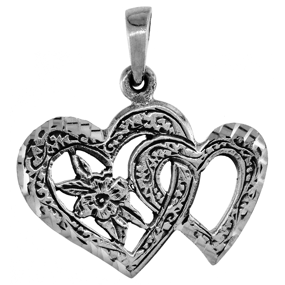 7/8 inch Sterling Silver Linked Hearts Pendant for Women Diamond-Cut Oxidized finish NO Chain