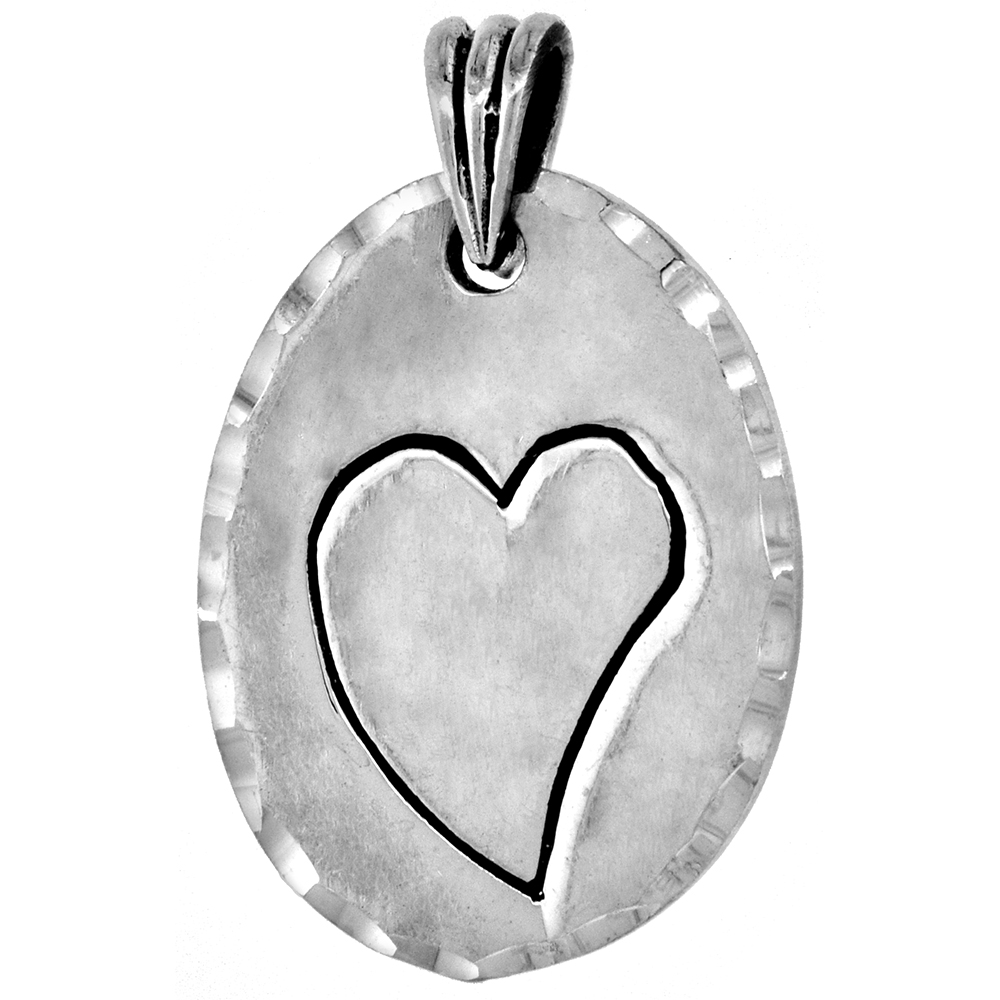 1 inch Sterling Silver Disk with Engraved Heart for Women Diamond-Cut Oxidized finish available with or without chain