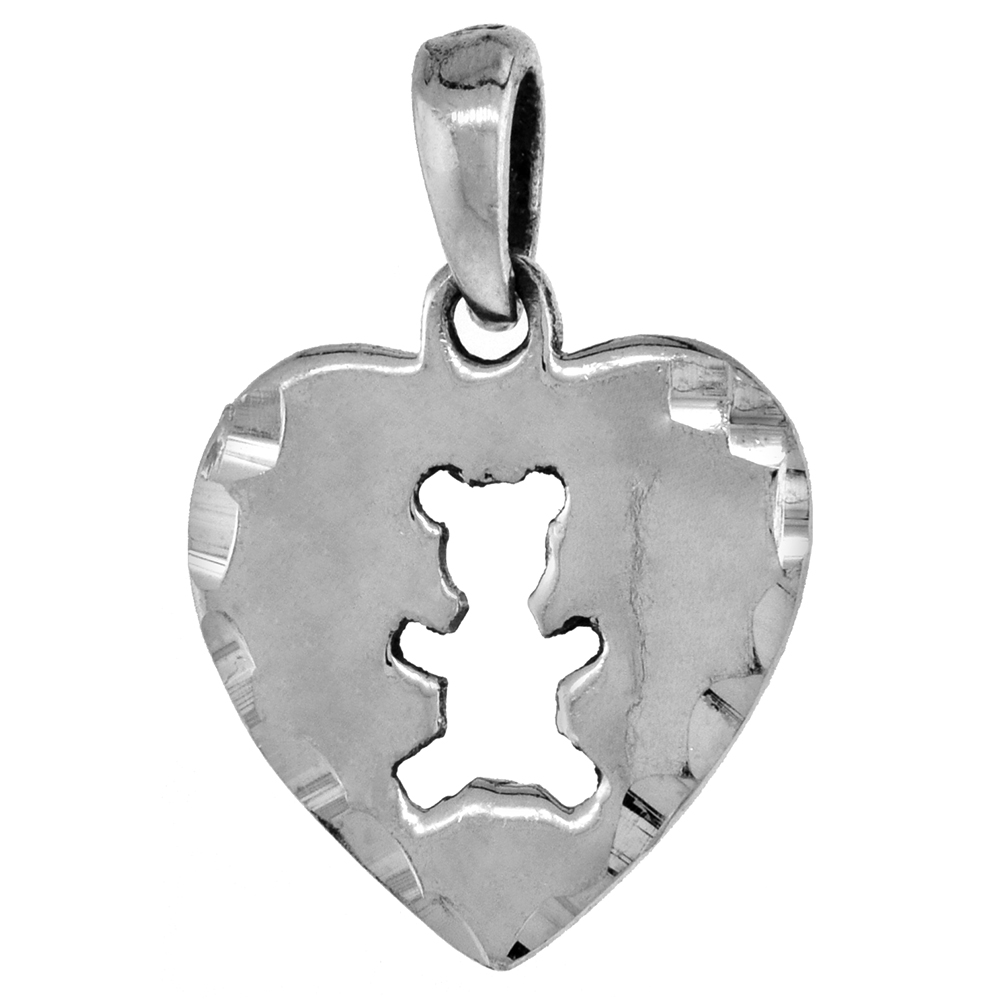 Small 3/4 inch Sterling Silver Teddy Bear Cut-out Heart Pendant for Women Diamond-Cut Oxidized finish NO Chain