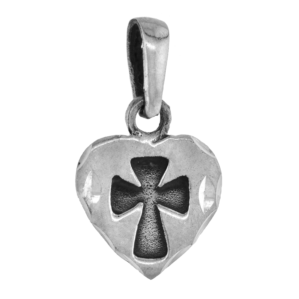 Tiny 5/8 inch Sterling Silver Cross Relief Heart Pendant for Women Diamond-Cut Oxidized finish NO Chain