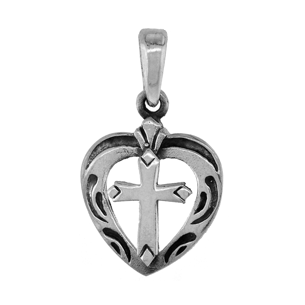 SMALL 3/4 INCH STERLING SILVER CROSS IN HEART PENDANT FOR WOMEN DIAMOND-CUT OXIDIZED FINISH NO CHAIN (NO CHAIN)