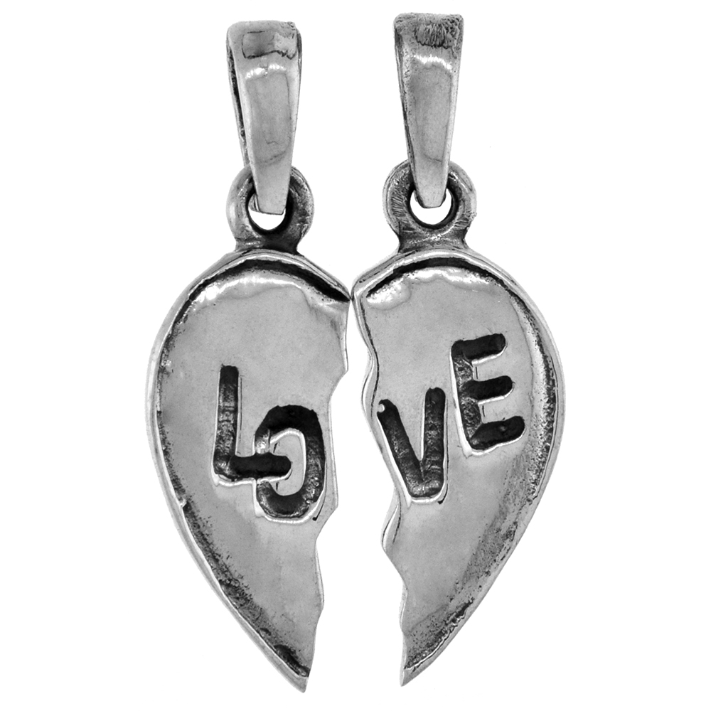 SMALL 3/4 INCH STERLING SILVER LOVE SPLIT HEART FRIENDSHIP PENDANTS FOR WOMEN DIAMOND-CUT OXIDIZED FINISH NO CHAIN (NO CHAIN)