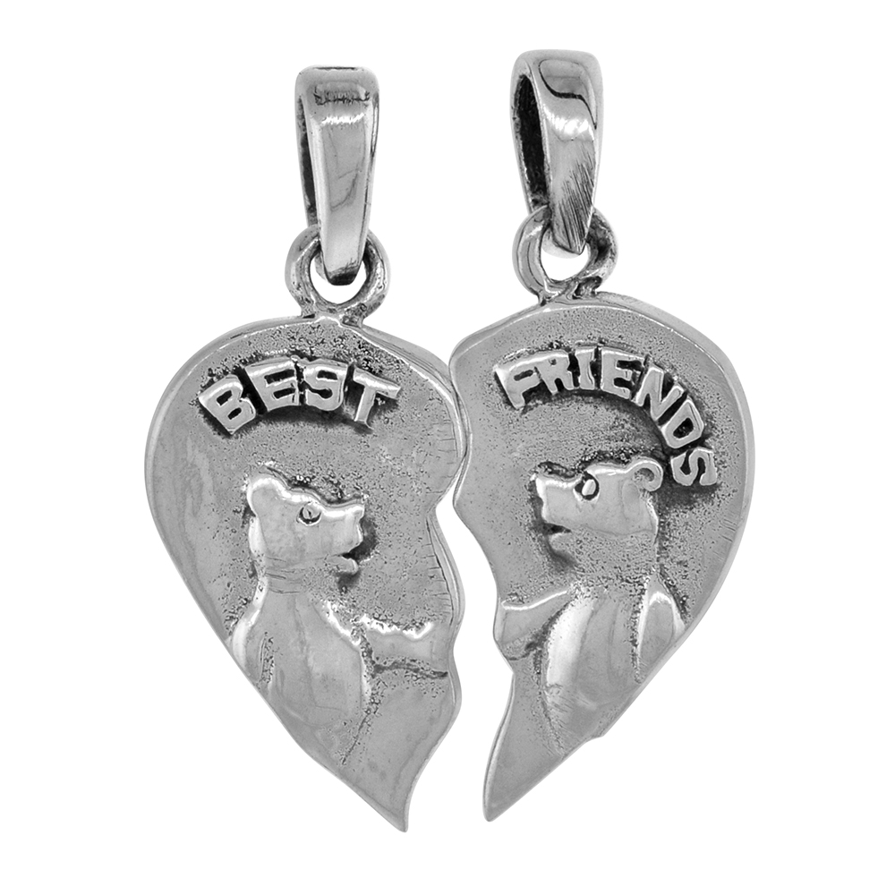 7/8 inch Sterling Silver Teddy Bears Best Friends Split Heart Pendant for Women Diamond-Cut Oxidized finish NO Chain