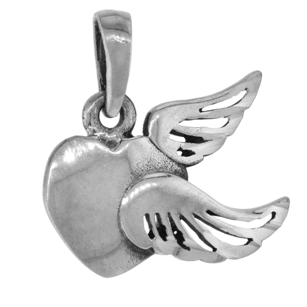 Tiny 1/2 inch Sterling Silver Winged Heart Necklace for Women Diamond-Cut Oxidized finish available with or without chain