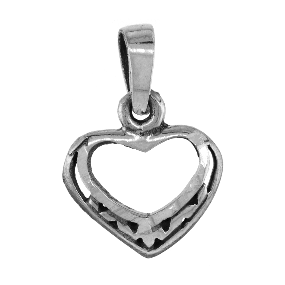 TINY 1/2 INCH STERLING SILVER CUT-OUT HEART PENDANT FOR WOMEN DIAMOND-CUT OXIDIZED FINISH NO CHAIN (NO CHAIN)