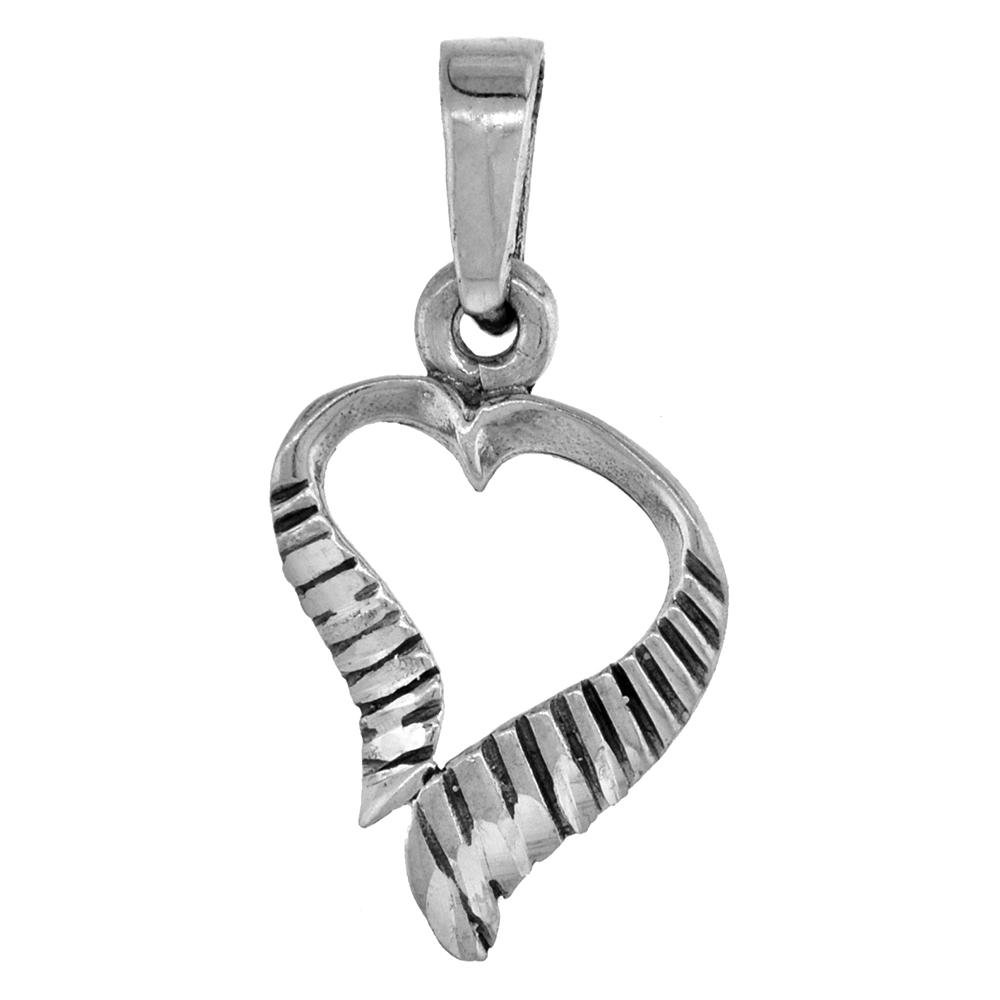 Small 3/4 inch Sterling Silver Cut-out Heart Pendant for Women Diamond-Cut Oxidized finish NO Chain