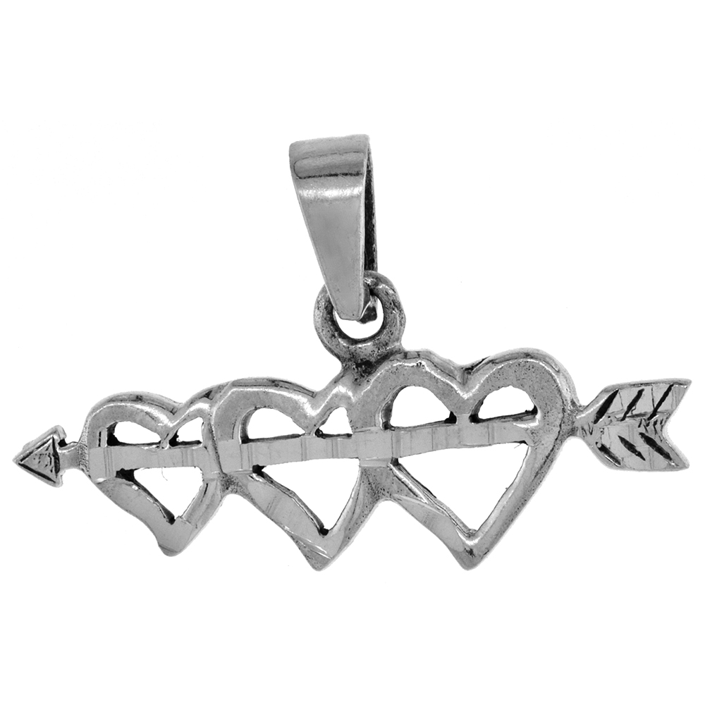 TINY 1/2 INCH STERLING SILVER ARROW THRU 3-HEARTS PENDANT FOR WOMEN DIAMOND-CUT OXIDIZED FINISH NO CHAIN (NO CHAIN)