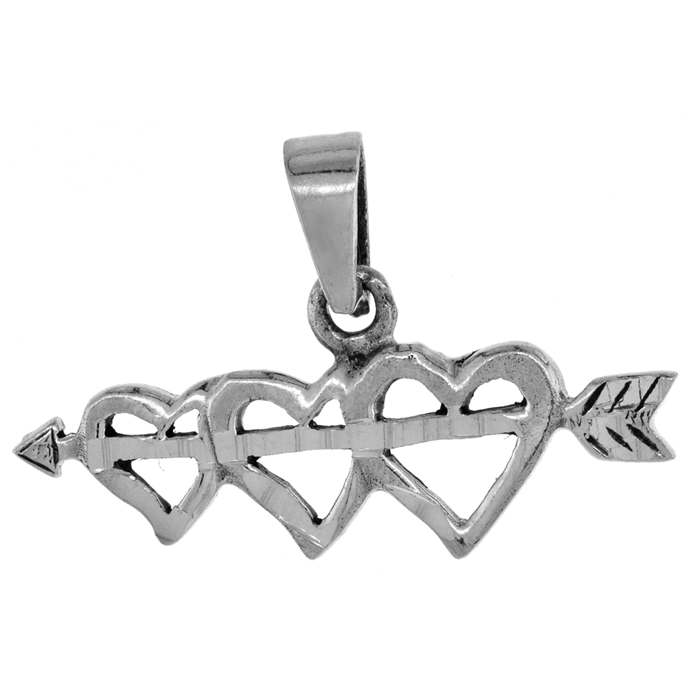 Tiny 1/2 inch Sterling Silver Arrow thru 3-Hearts Pendant for Women Diamond-Cut Oxidized finish NO Chain