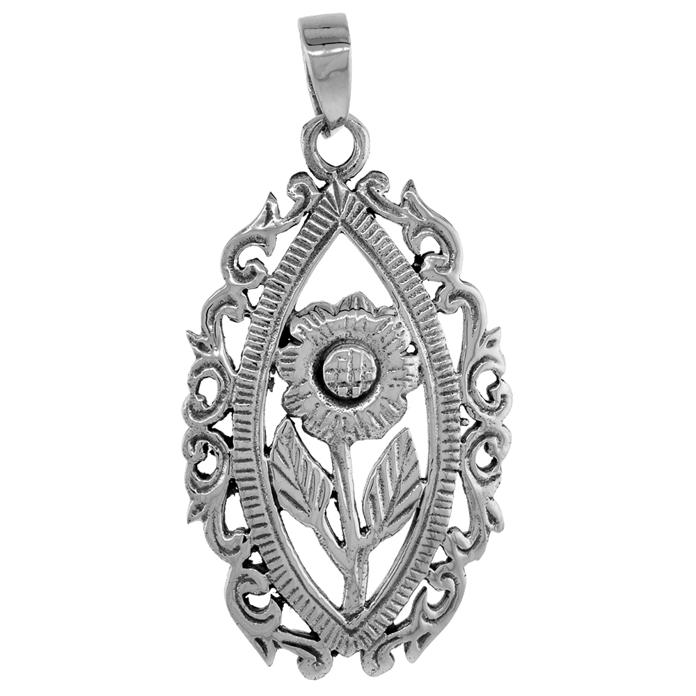 1 1/4 INCH STERLING SILVER FRAMED SUN FLOWER PENDANT FOR WOMEN DIAMOND-CUT OXIDIZED FINISH NO CHAIN (NO CHAIN)