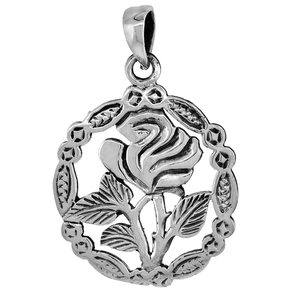 1 1/8 INCH STERLING SILVER ROSE FLOWER PENDANT FOR WOMEN DIAMOND-CUT OXIDIZED FINISH NO CHAIN (NO CHAIN)