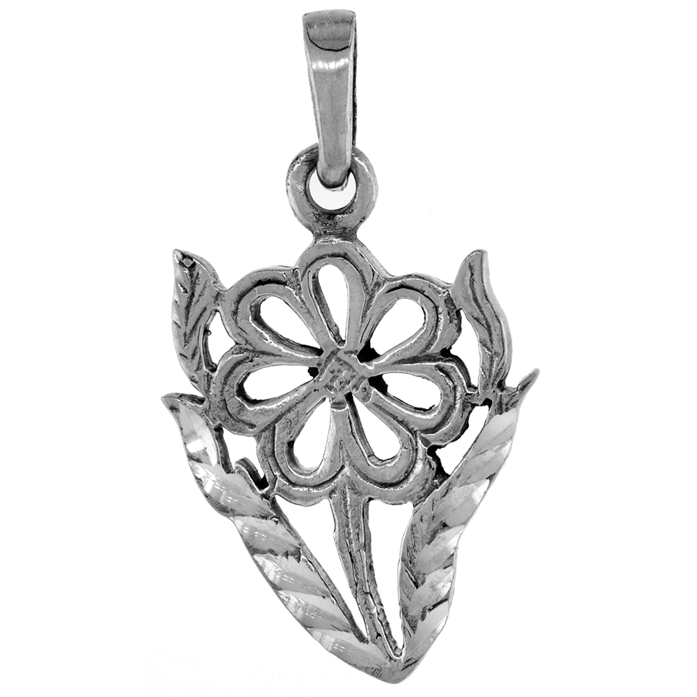 1 inch Sterling Silver Cut-out Daisy Flower Necklace for Women Diamond-Cut Oxidized finish available with or without chain