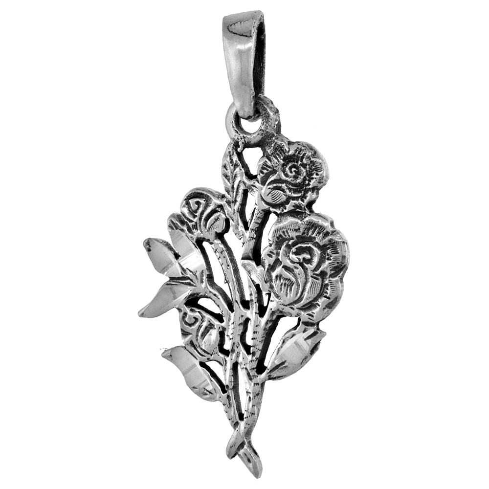 1 inch Sterling Silver Rose Bouquet Necklace Diamond-Cut Oxidized finish available with or without chain
