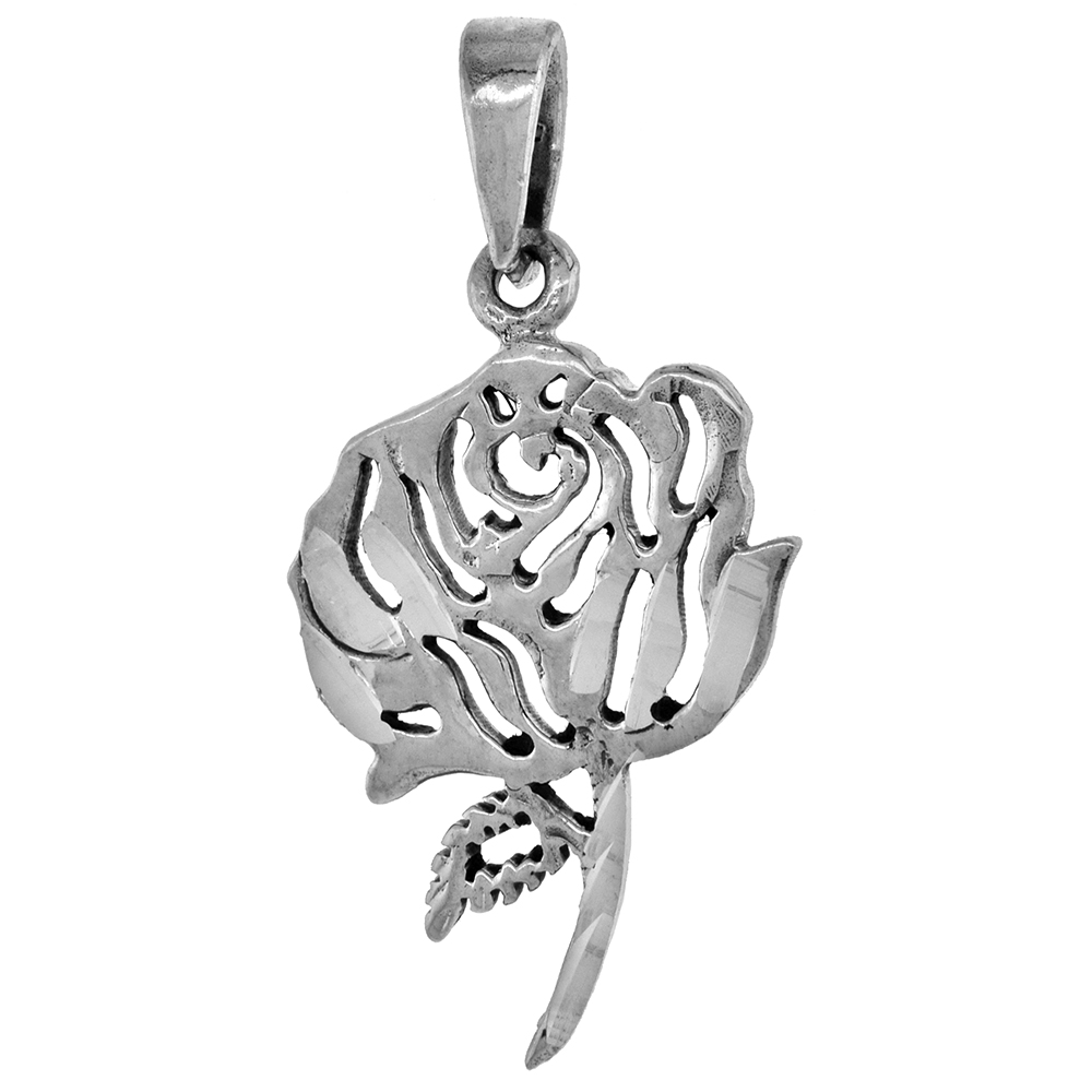 1 1/4 INCH STERLING SILVER CUT-OUT ROSE FLOWER PENDANT FOR WOMEN DIAMOND-CUT OXIDIZED FINISH NO CHAIN (NO CHAIN)