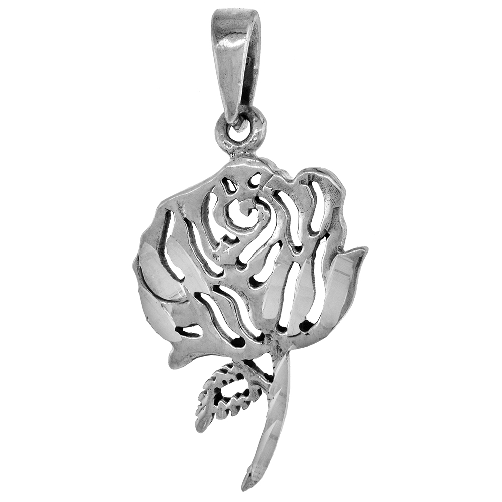 1 1/4 inch Sterling Silver Cut-out Rose Flower Necklace for Women Diamond-Cut Oxidized finish available with or without chain