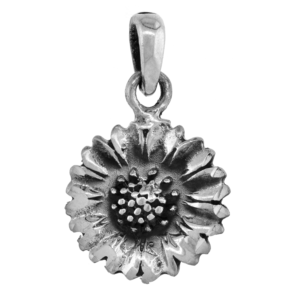 SMALL 3/4 INCH STERLING SILVER SUNFLOWER PENDANT FOR WOMEN FOR WOMEN DIAMOND-CUT OXIDIZED FINISH NO CHAIN (NO CHAIN)