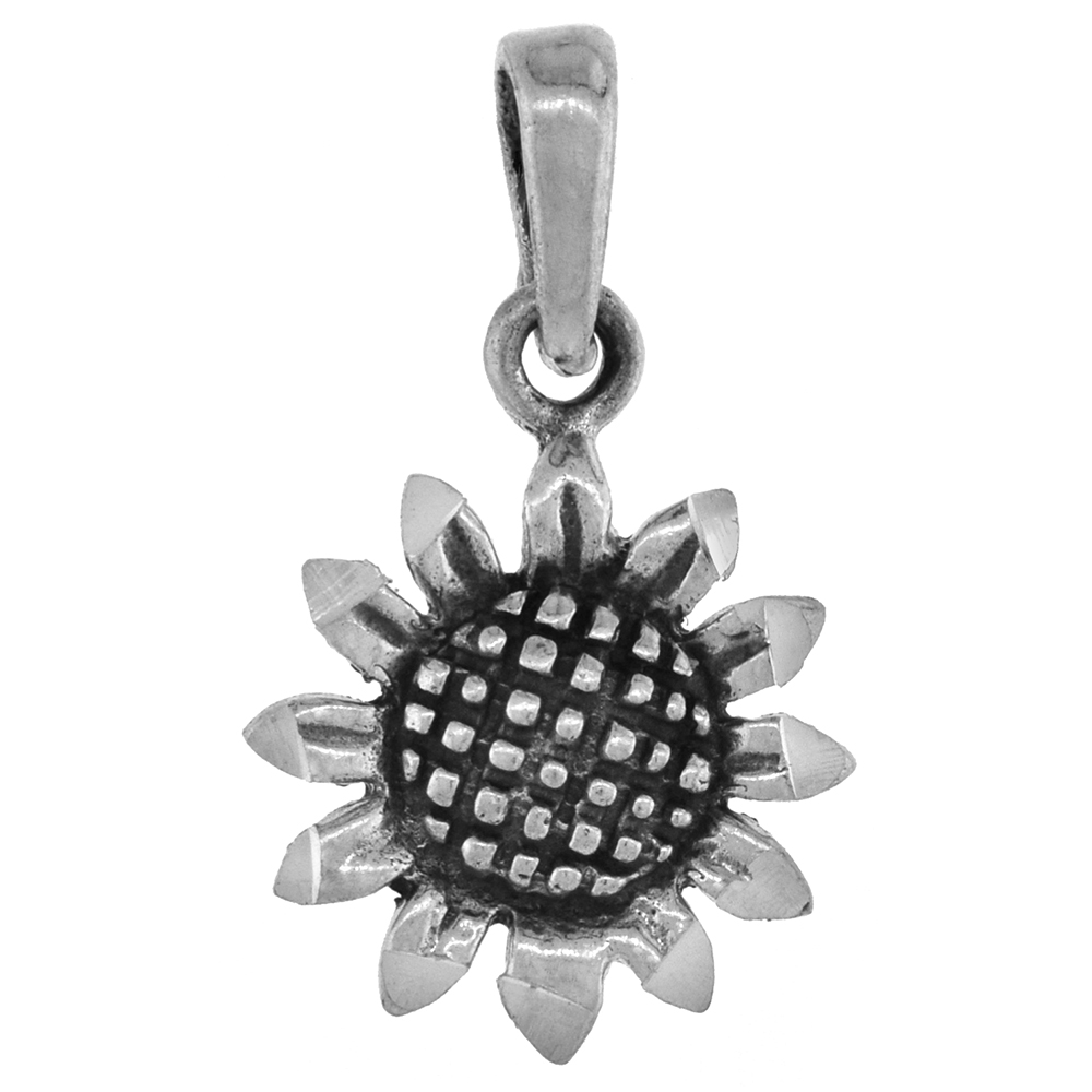 SMALL 3/4 INCH STERLING SILVER SUNFLOWER PENDANT FOR WOMEN FOR WOMEN DIAMOND-CUT OXIDIZED FINISH NO CHAIN (NO CHAIN)