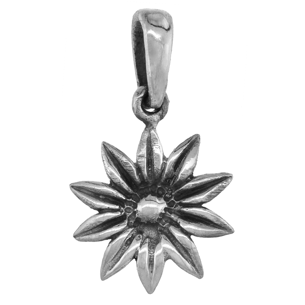 TINY 5/8 INCH STERLING SILVER DAISY FLOWER PENDANT FOR WOMEN FOR WOMEN DIAMOND-CUT OXIDIZED FINISH NO CHAIN (NO CHAIN)