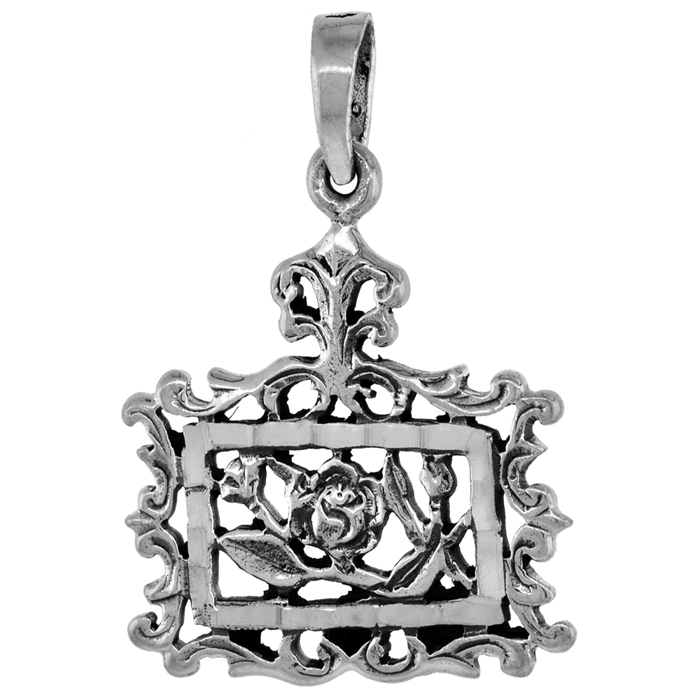 1 INCH STERLING SILVER FRAMED FLOWER PENDANT FOR WOMEN DIAMOND-CUT OXIDIZED FINISH NO CHAIN (NO CHAIN)